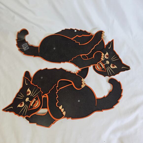 Vintage Beistle Halloween Black Cat Moveable Jointed Die Cut Pair 1960s Decor - Picture 11 of 14